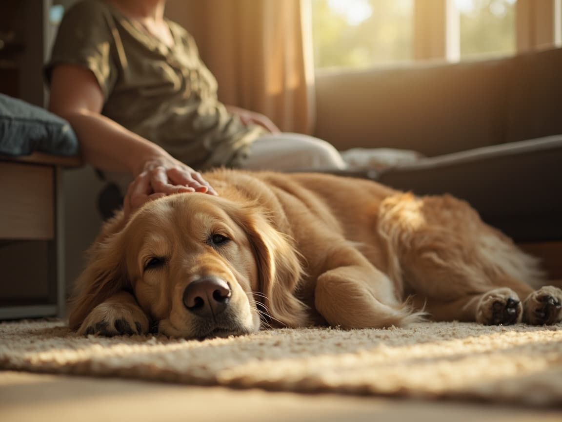 Perro mayor tumbado tranquilo en el salón junto al sofá